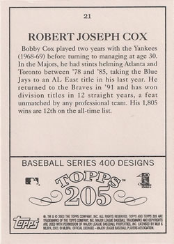2003 Topps 205 #21 Bobby Cox Back