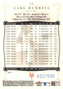 2004 Fleer Greats of the Game - Blue #11 Carl Hubbell Back