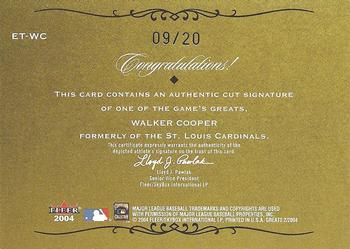 2004 Fleer Greats of the Game - Etched in Time Cuts #ET-WC Walker Cooper Back