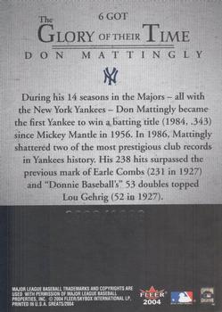 2004 Fleer Greats of the Game - Glory of Their Time #6 GOT Don Mattingly Back