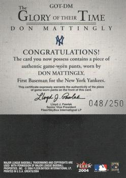 2004 Fleer Greats of the Game - Glory of Their Time Game Used #GOT-DM Don Mattingly Back