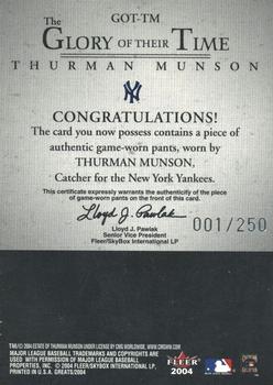 2004 Fleer Greats of the Game - Glory of Their Time Game Used #GOT-TM Thurman Munson Back