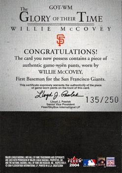 2004 Fleer Greats of the Game - Glory of Their Time Game Used #GOT-WM Willie McCovey Back