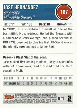 2003 Bazooka #187 Jose Hernandez Back