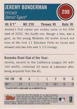 2003 Bazooka #208 Jeremy Bonderman Back