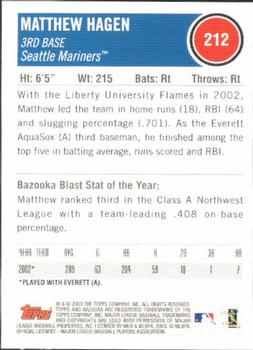 2003 Bazooka #212 Matthew Hagen Back