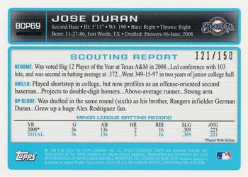 2009 Bowman - Chrome Prospects Blue Refractors #BCP69 Jose Duran Back