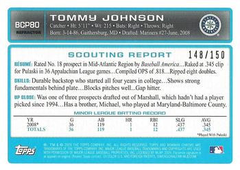 2009 Bowman - Chrome Prospects Blue Refractors #BCP80 Tommy Johnson Back