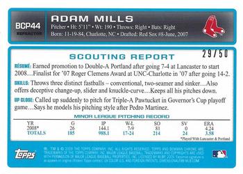 2009 Bowman - Chrome Prospects Gold Refractors #BCP44 Adam Mills Back