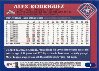 2003 Topps Chrome #1 Alex Rodriguez Back