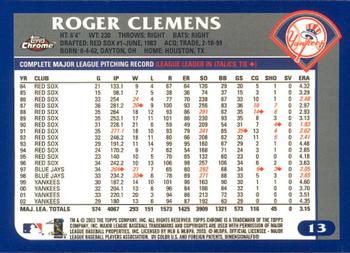 2003 Topps Chrome #13 Roger Clemens Back