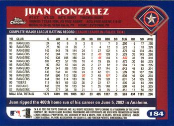 2003 Topps Chrome #184 Juan Gonzalez Back