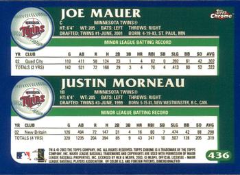 2003 Topps Chrome #436 Joe Mauer / Justin Morneau Back