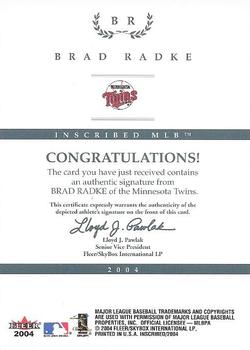 2004 Fleer InScribed - Autographs Purple #BR Brad Radke Back