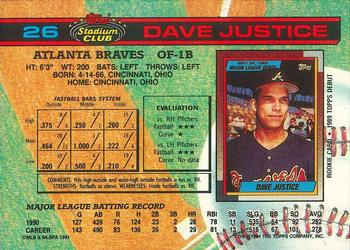 1991 Stadium Club #26 Dave Justice Back