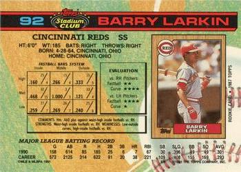 1991 Stadium Club #92 Barry Larkin Back