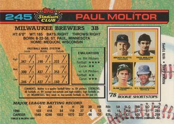 1991 Stadium Club #245 Paul Molitor Back