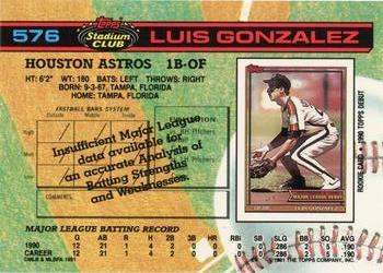 1991 Stadium Club #576 Luis Gonzalez Back