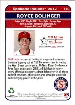 2012 Grandstand Spokane Indians #NNO Royce Bolinger Back