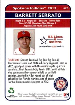 2012 Grandstand Spokane Indians #NNO Barrett Serrato Back