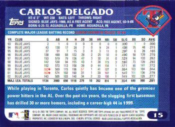2003 Topps Opening Day #15 Carlos Delgado Back