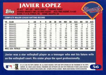 2003 Topps Opening Day #56 Javier Lopez Back