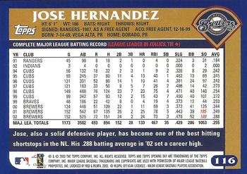 2003 Topps Opening Day #116 Jose Hernandez Back