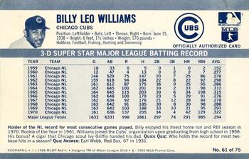 1971 Kellogg's 3-D Super Stars - XOGRAPH (Missing Copyright Year) #61 Billy Williams Back