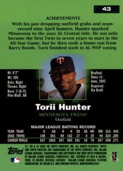 2003 Topps Pristine #43 Torii Hunter Back
