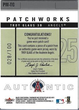 2004 Fleer Patchworks - Game Used Level 1 #PW-TG Troy Glaus Back