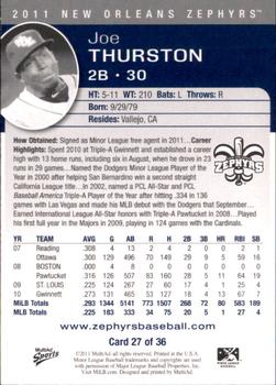 2011 MultiAd New Orleans Zephyrs #27 Joe Thurston Back