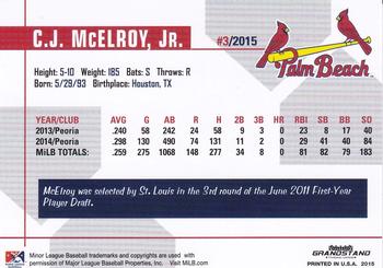 2015 Grandstand Palm Beach Cardinals #NNO CJ McElroy Jr. Back