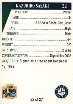 2002 Seattle Mariners Knothole Gang #22 Kazuhiro Sasaki Back