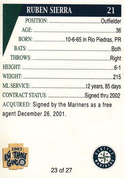 2002 Seattle Mariners Knothole Gang #23 Ruben Sierra Back