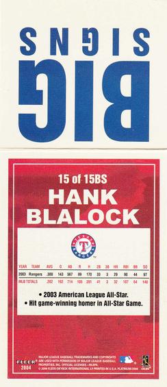 2004 Fleer Platinum - Big Signs #15BS Hank Blalock Back