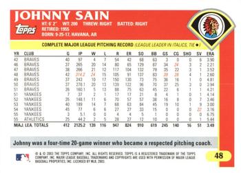2003 Topps Retired Signature Edition #48 Johnny Sain Back