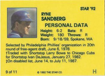 1992 Star Ryne Sandberg #9 Ryne Sandberg Back