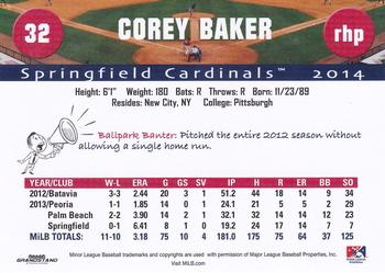 2014 Grandstand Springfield Cardinals #NNO Corey Baker Back