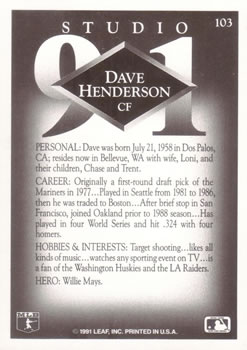 1991 Studio #103 Dave Henderson Back
