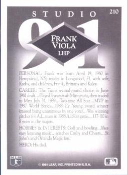 1991 Studio #210 Frank Viola Back