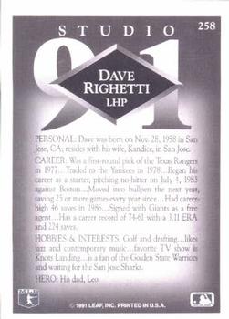 1991 Studio #258 Dave Righetti Back