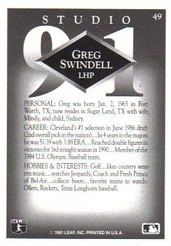 1991 Studio #49 Greg Swindell Back
