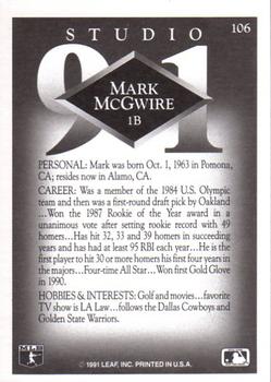 1991 Studio #106 Mark McGwire Back