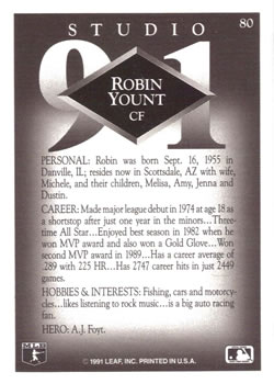 1991 Studio #80 Robin Yount Back