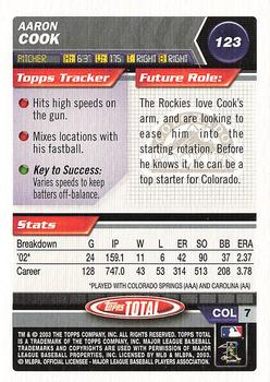2003 Topps Total #123 Aaron Cook Back