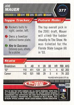 2003 Topps Total #377 Joe Mauer Back