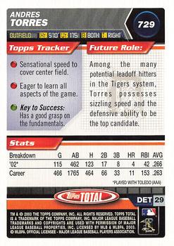 2003 Topps Total #729 Andres Torres Back