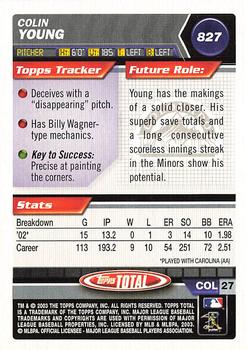 2003 Topps Total #827 Colin Young Back