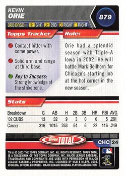 2003 Topps Total #879 Kevin Orie Back
