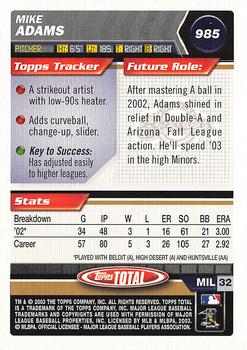 2003 Topps Total #985 Mike Adams Back
